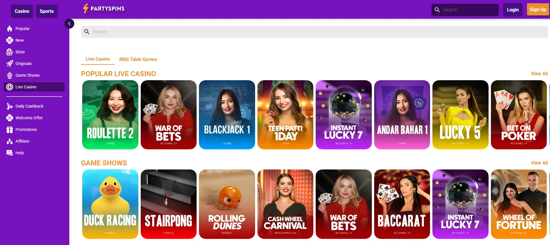 Partyspin live casino